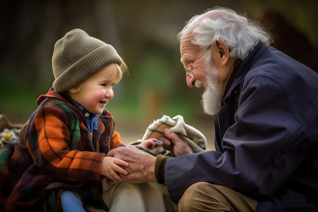 Фото Дедушка и внук играют в парке и проводят время вместе