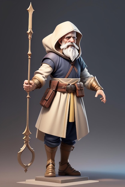 지팡이 가상 게임 역할 만화 모양 바탕 화면 배경을 가진 할아버지 캐릭터 3D 모델