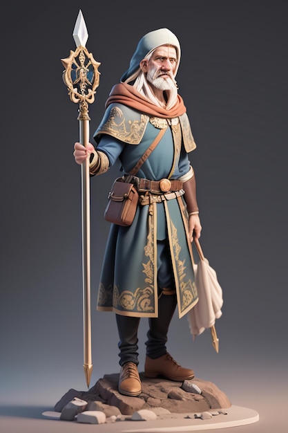 지팡이 가상 게임 역할 만화 모양 바탕 화면 배경을 가진 할아버지 캐릭터 3D 모델
