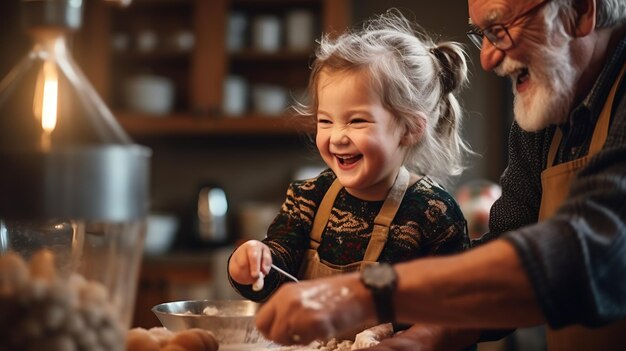 Grandpa and his granddaughter are making cookie dough in the kitchenCreated with Generative AI technology