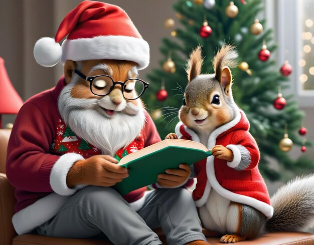 Photo grandpa santa squirrel reading a book to his grandson baby squirrel in front of christmas tree