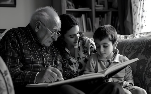 Photo grandpa with grandchildren reading book and celebrate world book day