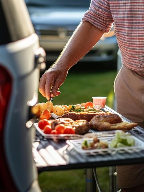 Photo grandparent looking at a bbq whilst on vacation in a camper van