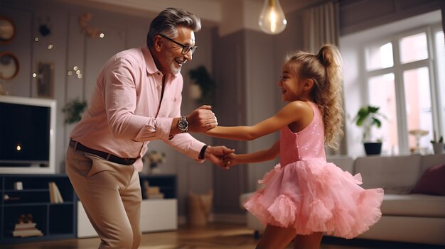 The grandparent's eyes are filled with tenderness as he gazes at his beloved granddaughter a charming and endearing young girl