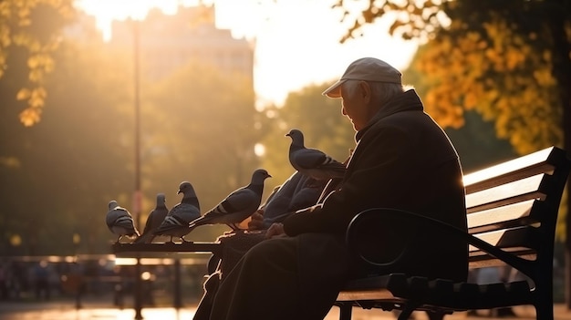 Grandparents Day An elderly couple in the park on a bench feed pigeons AI generated