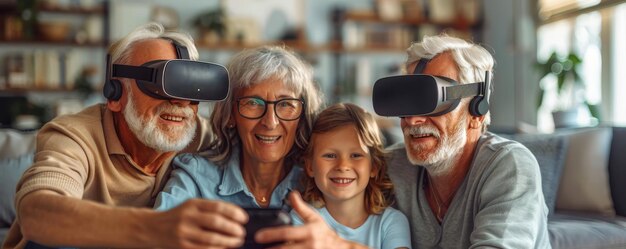 Photo grandparents and grandchild delighting in virtual reality at home