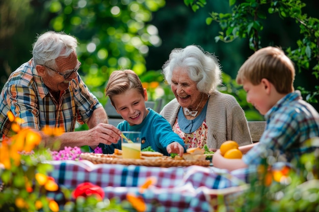 暑い日,裏庭でピクニックをしている祖父母と孫たち