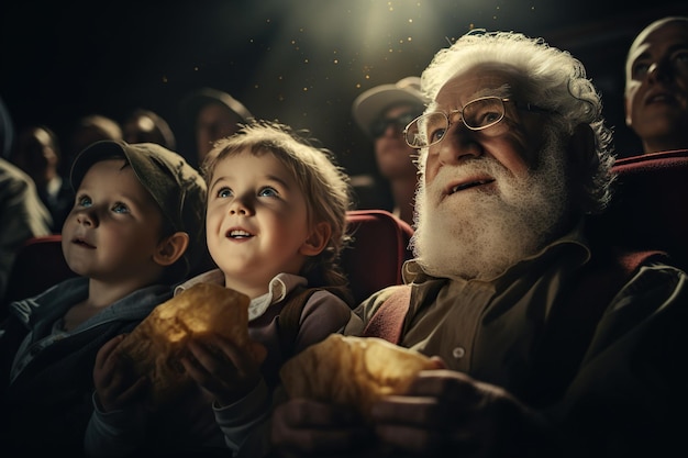 Grandparents and grandchildren watching a movie in cinema