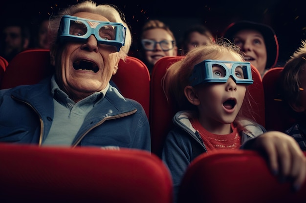 Бабушки и дедушки и внуки смотрят фильм в кинотеатре