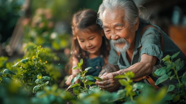 Grandparents and granddaughter tend to the garden in the backyard