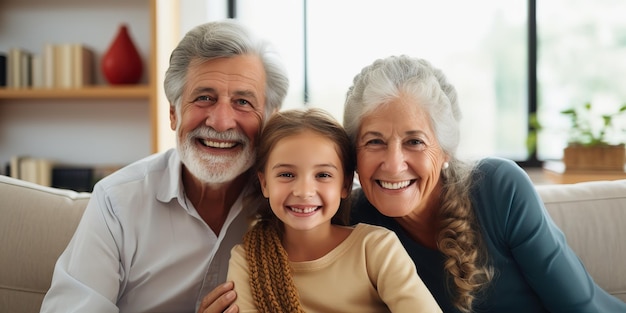 Grandparents and granddaughters are sitting together on the sofa in the living room