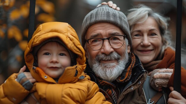 写真 祖父母が孫と自然の中で素敵な秋の日を過ごしている