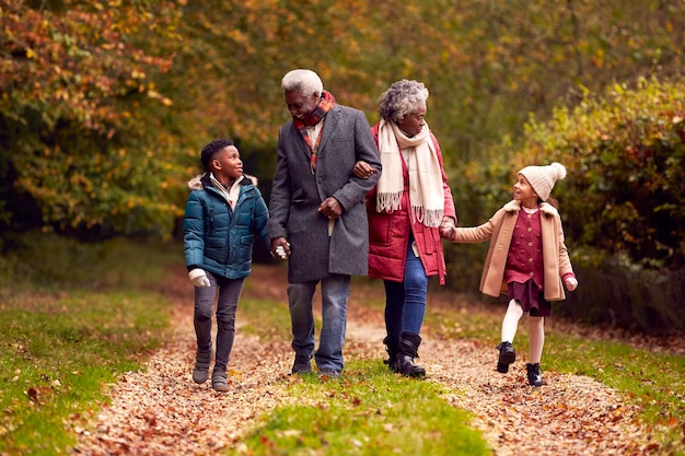 I nonni si tengono per mano con i nipoti sulla passeggiata attraverso la campagna autunnale insieme