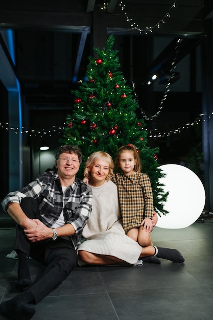 Nonni in posa per una foto di natale con la loro preziosa nipotina. seduto davanti a un albero di natale decorato.