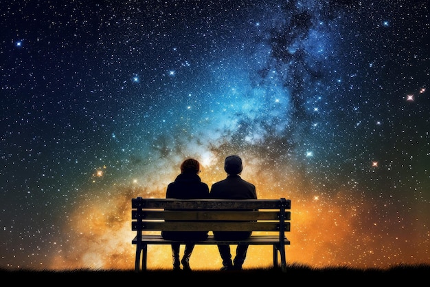 Grandparents sitting on bench sunset Generate Ai