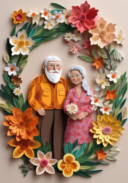 grandparents smiling flowers around happy grandparents day Paper quilling illustration Ai generated