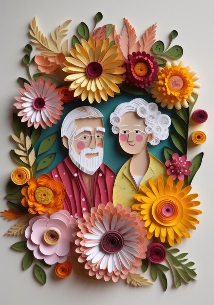 미소 짓는 할아버지와 할머니의 꽃은 행복한 할아버지의 날 종이 quilling 일러스트레이션 Ai 생성