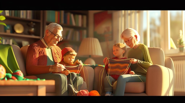 사진 할아버지 와 할머니 는 손자 들 에게 뜨개질 을 가르친다