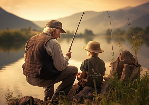 Grandparents teaching their grandchildren to fish at a lake