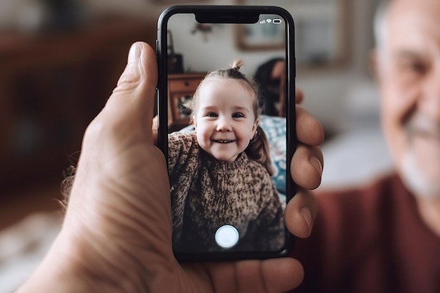 Grandparents with smartphone having video call with small grandson