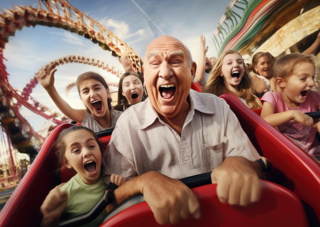 Grandparents with their children and grandchildren at an amusement park