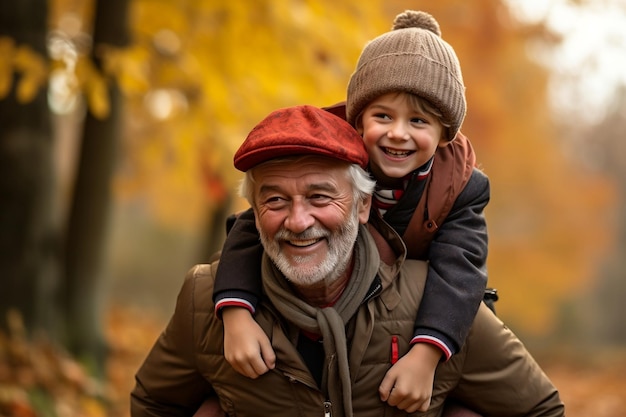 Grandson Carries Grandfather on His Back during Autumn Generative AI