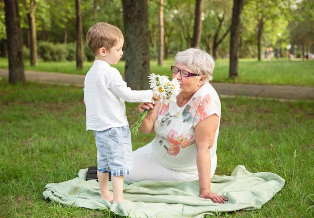 Grandson and grandmother spending time together. Happy mothers day.