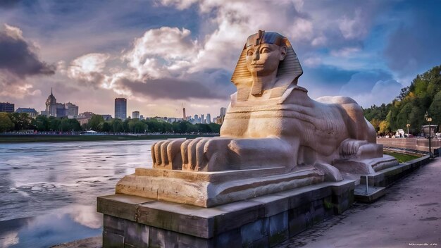 Granite egypt sphinx on the neva river embankment