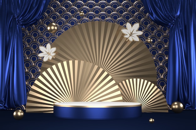 The granite hexagon gold design on dark blue background minimal. 3D rendering