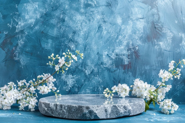 Granite pedestal with white flowers on blue background