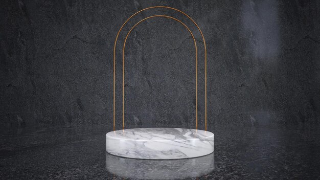 Granite podium in granite room with golden arch for product showcase 3d rendering