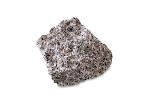 Granite rock sample isolated on white background with clipping path. Stone specimen.