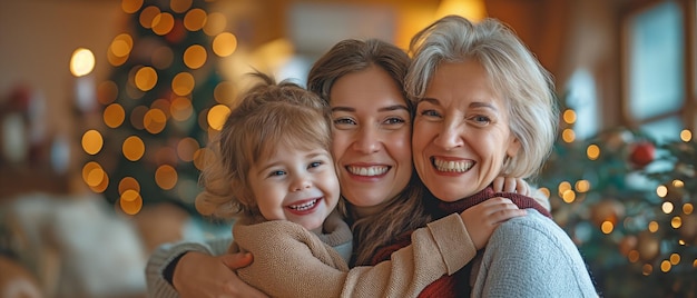 Бабушка-мать и маленькая дочь улыбаются и обнимаются во время праздников и времени, проведенного с семьей
