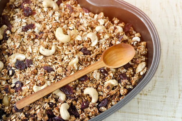 Granola on a baking sheet