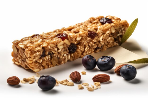 A granola bar with blueberries and almonds on top.