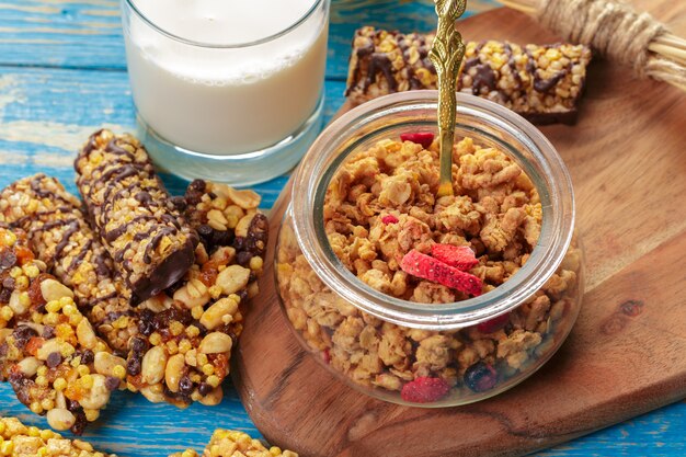 Granola bar on wooden background