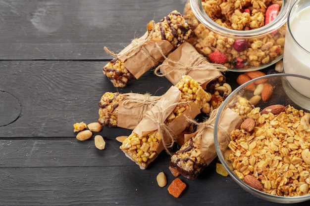 Granola bar on wooden background