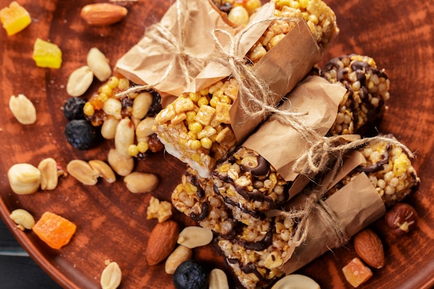 Granola bar on wooden surface