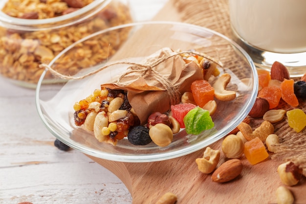 Granola bar on wooden surface