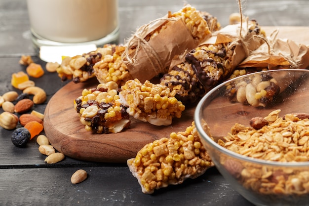 Granola bar on wooden 