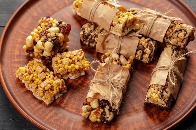 Granola bar on wooden