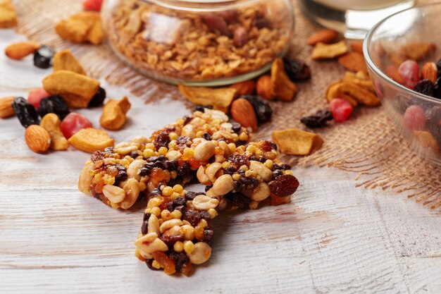 Granola bar on wooden