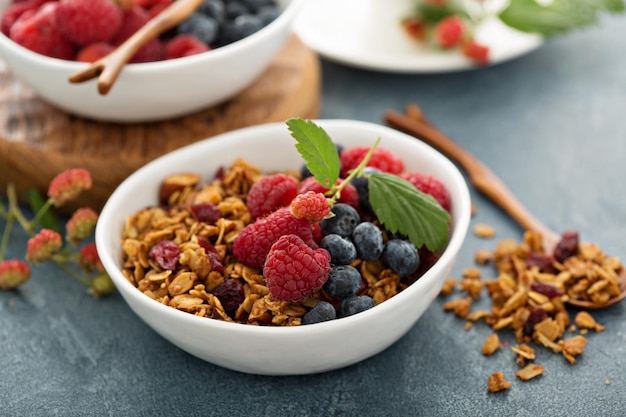 Granola and berries with coffee