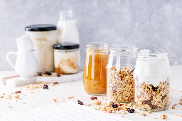 Granola breakfast in glass jars