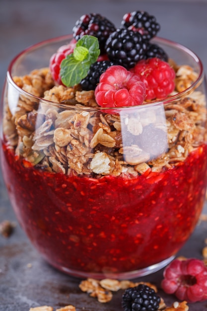 Granola, fresh berries,berry puree.Summer healthy breakfast.