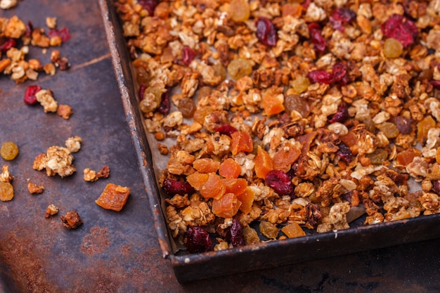 Granola from several types of cereals with nuts,honey