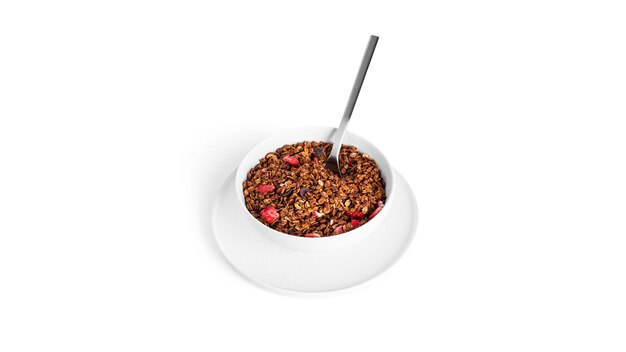 Granola geïsoleerd op een witte achtergrond. Granola met chocolade en aardbeien. Hoge kwaliteit foto