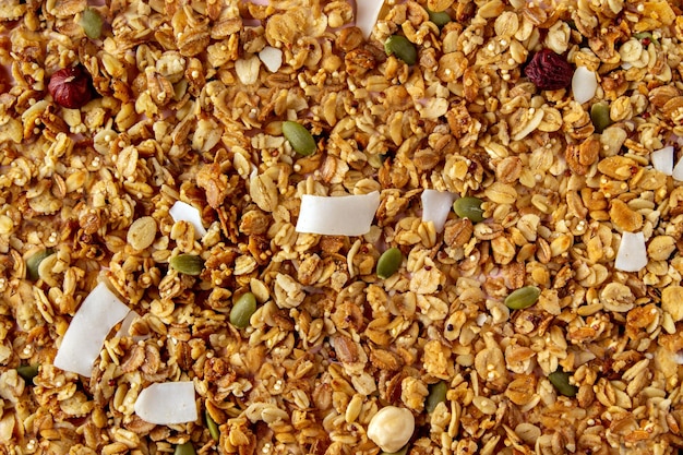 Granola met gedroogde bessen kokoschips pompoenpitten chiazaden gezond ontbijt in de ochtend