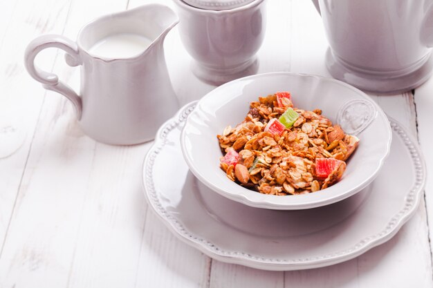 Granola and milk on the tray, for breafast