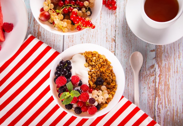 Granola muesli cereals with yogurt or milk and fresh berries Healthy breakfast concept